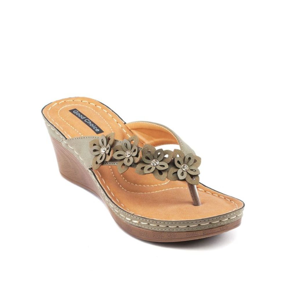 GOOD CHOICE Womens Gold 1/2" Platform Flora Wedge Slip On Thong Sandals 8 M